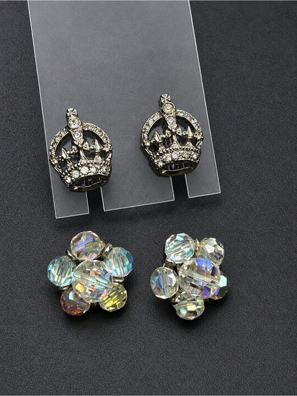 Vintage Keyes Rhinestone  Crown and Aurora Cluster Clip Earrings